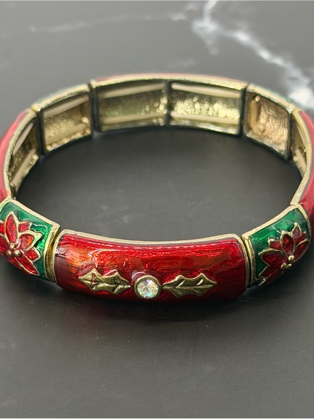 Gold-Tone Red & Green Enamel Stretch Bracelet with Crystal Accent